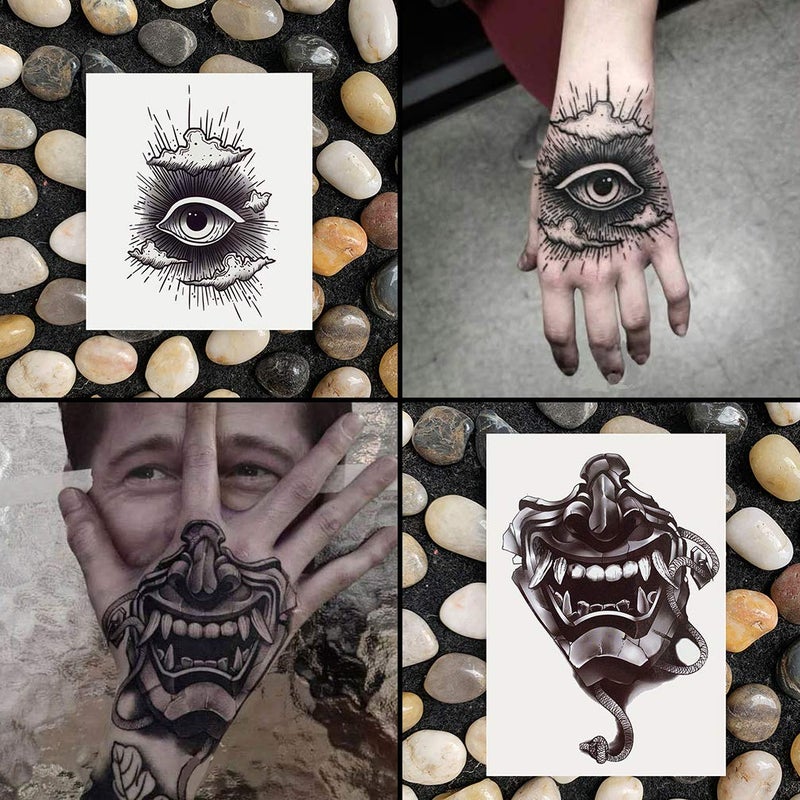 Oottati Waterproof 9 Sheets Back of Hand Fake Temporary Tattoo Stickers - Black Halloween Skull Horror Eye Devil Sun Moon Totem (Halloween) - Image 2
